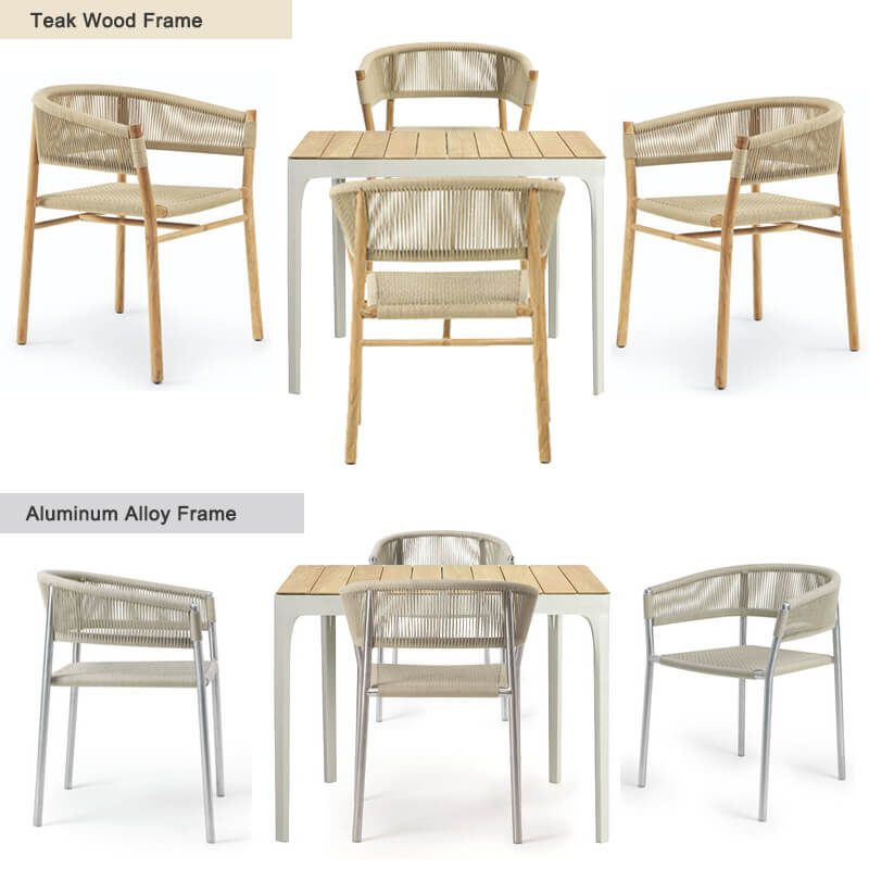 Teak and woven outdoor restaurant chairs and table set