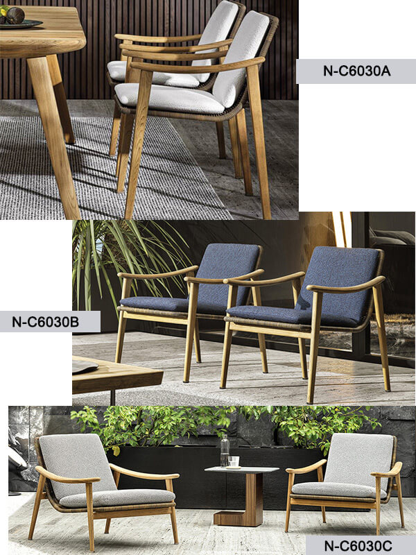 three styles of teak patio chairs