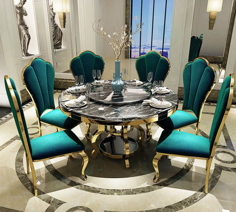 Green upholstered dining set with gold stainless steel legs