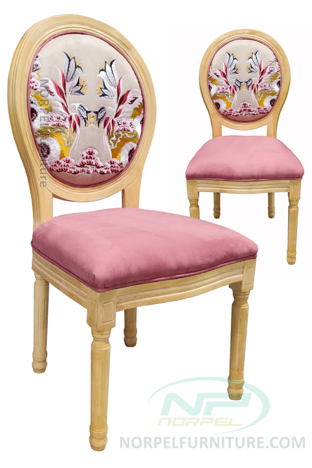 Embroidered oval back side chairs - custom dining chair