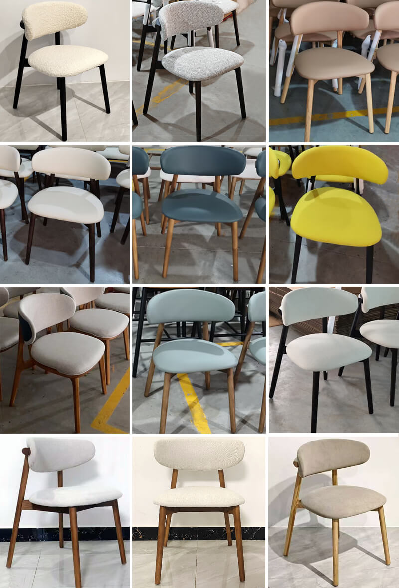 Custom made wood and leather colors of upholstered fabric dining chairs