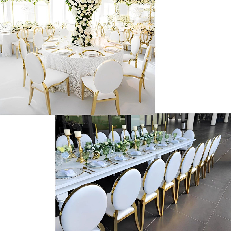 party furniture - french oval back banquet chairs and tables with gold legs