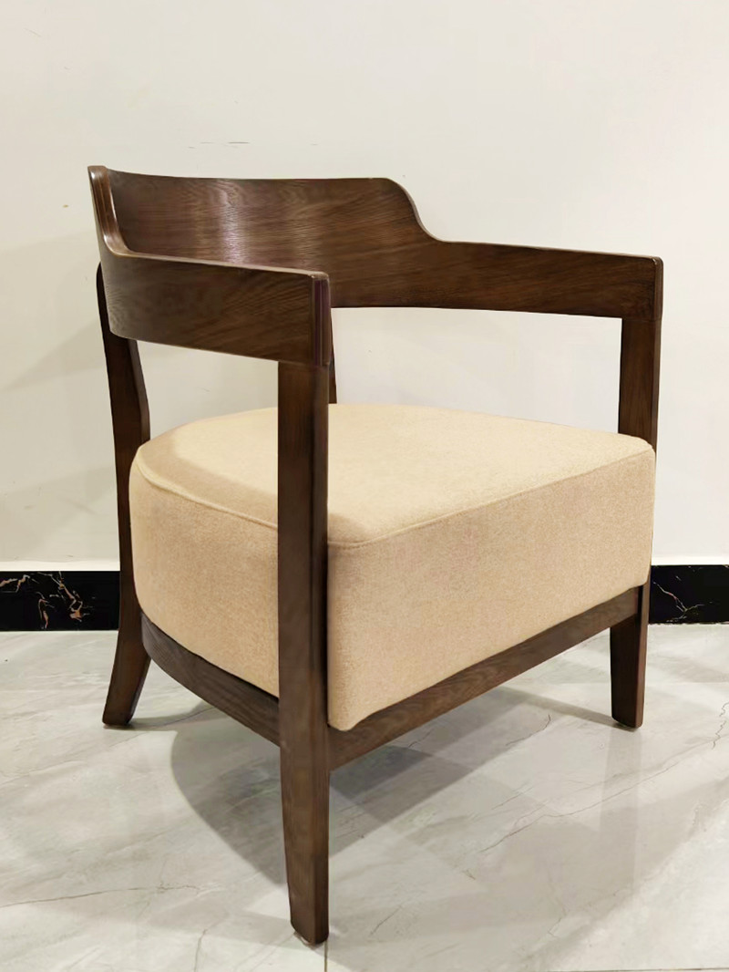 wooden and fabric upholstered cafe armchairs 