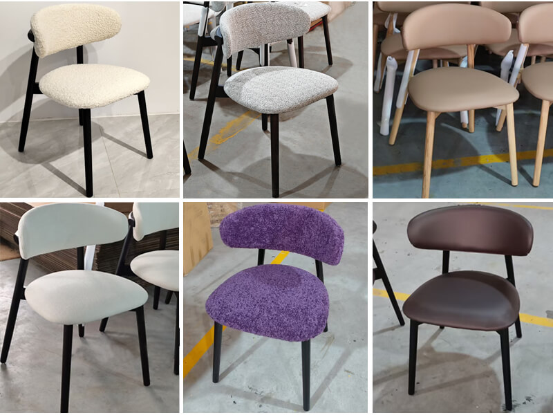 Custom made wood and leather colors of upholstered fabric dining chairs