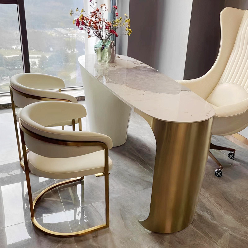 White leather upholstered gold base luxury dining chairs set